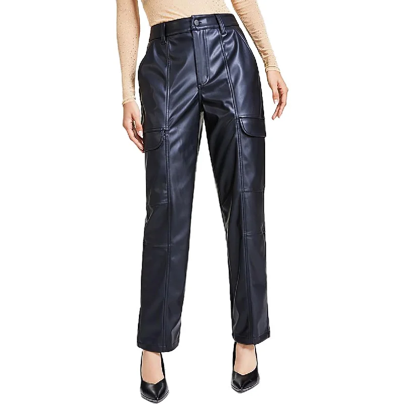 Bar III Womens Petites High Rise Faux Leather Cargo Pants Sleek Black Pants