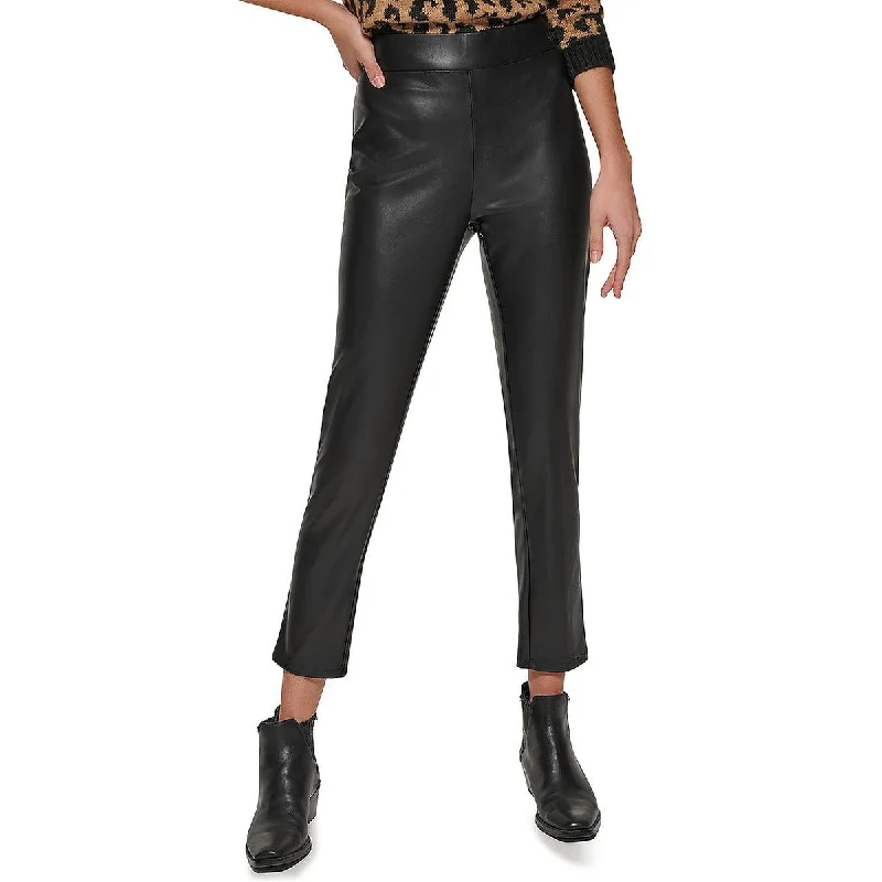 DKNY Womens Faux Leather High Rise Skinny Pants Trendy Velvet Pants