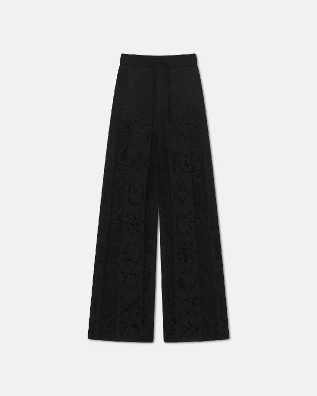 Wardon - Paper Crochet Cropped Wide-Leg Pants - Black Relaxed High-Waist Trousers