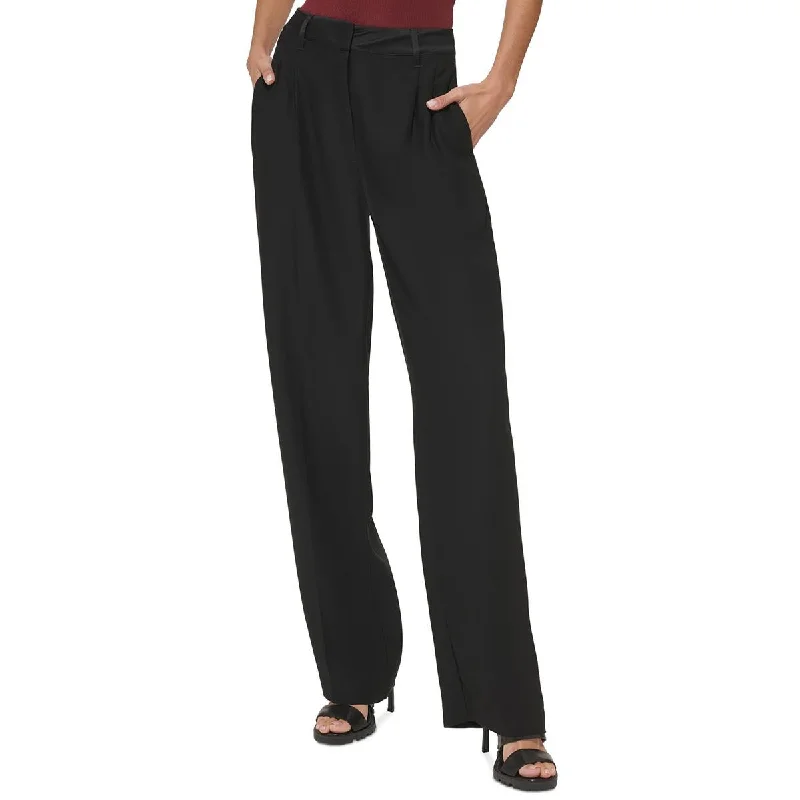 DKNY Womens Satin Trim Textured Wide Leg Pants Trendy Work Pants