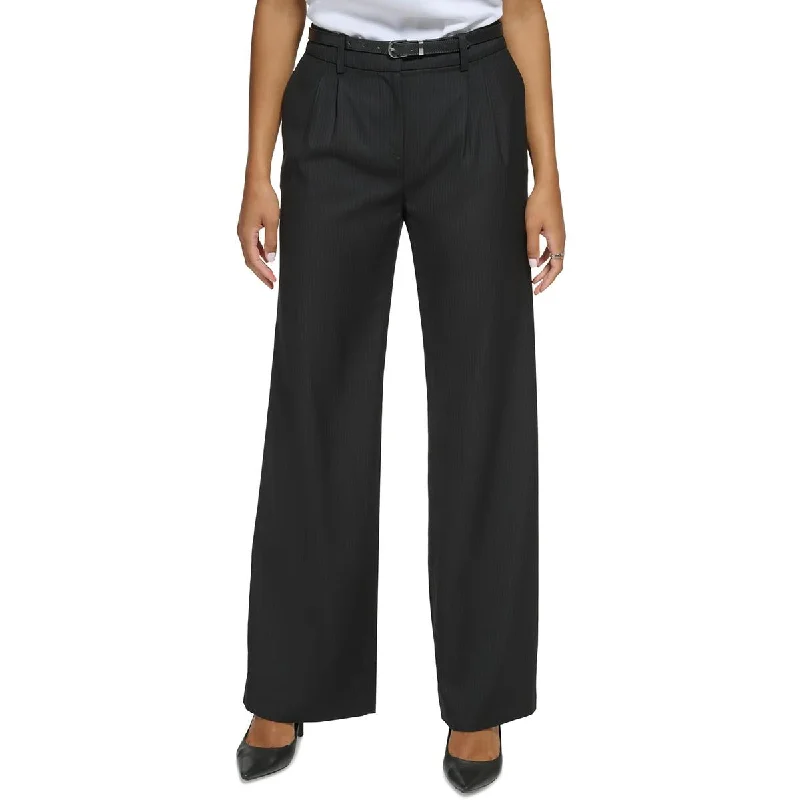 Calvin Klein Womens Pleated Pinstripe Wide Leg Pants High-Waist Trousers