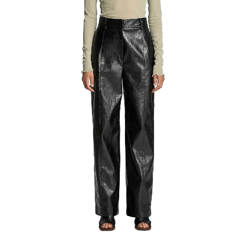 Lvir Womens Faux Leather High Rise Straight Leg Pants Chic Wool Trousers