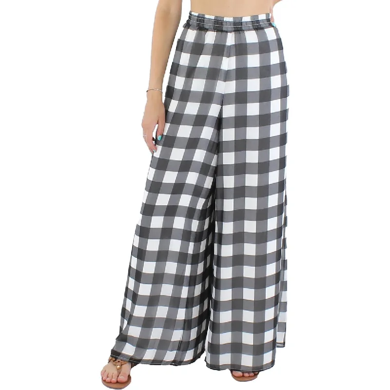 Riley & Rae Womens Chiffon Check Print Wide Leg Pants Chic Faux Leather Pants