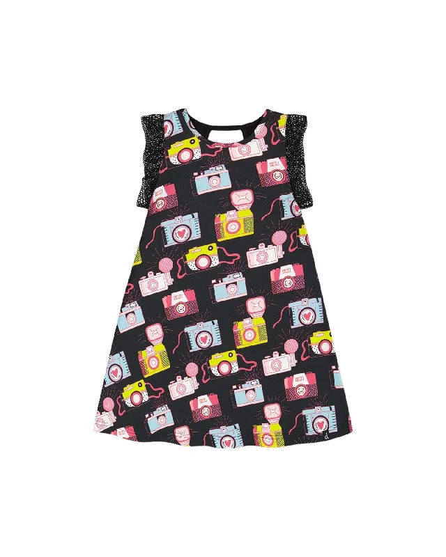 Printed Dress With Mesh Sleeves Black