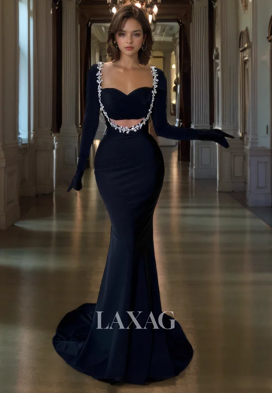 Sweetheart Beaded Long-Sleeves Mermaid Formal Prom Dress Sweep Train Pleated Party Gowns Sweetheart Beaded Long-Sleeves Mermaid Formal Prom Dress Sweep Train Pleated Party Gowns