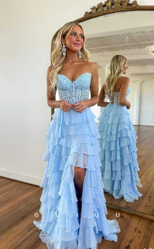 G4403 - Chic & Cute A-Line V Neck Illusion Pleats Chiffon Tiered Open Back Prom Evening Dress with Slit G4403 - Chic & Cute A-Line V Neck Illusion Pleats Chiffon Tiered Open Back Prom Evening Dress with Slit