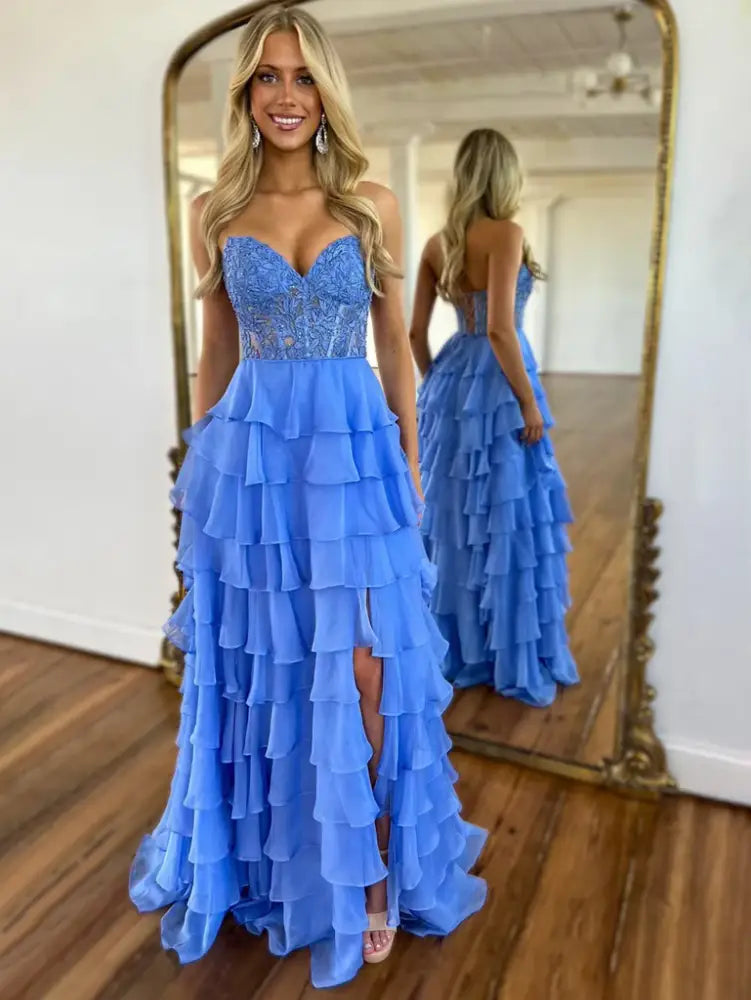 Sweetheart Strapless A-Line Appliques Tiered Party Prom Dress