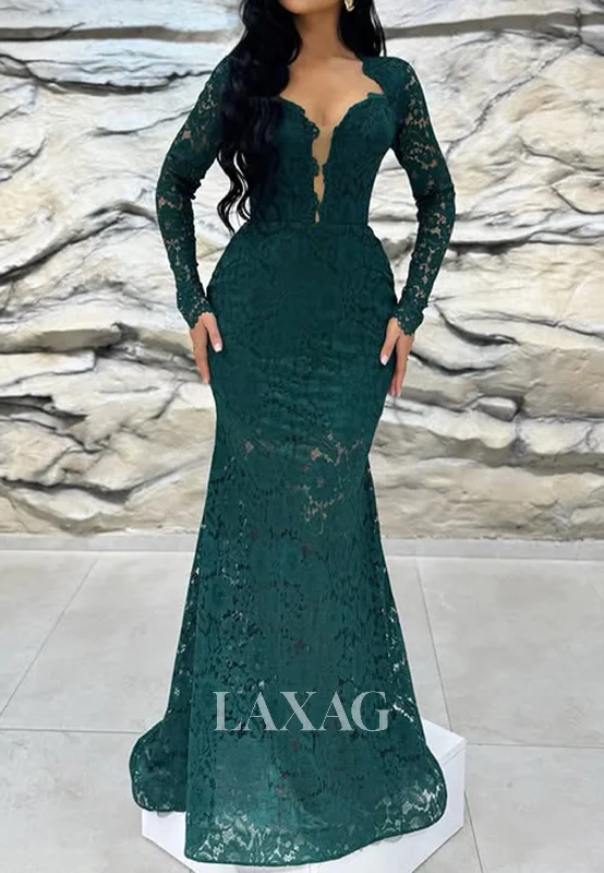 Sweetheart Long Sleeves Floor-Length Party Gowns Allover Lace Pleated Mermaid Prom Dress Sweetheart Long Sleeves Floor-Length Party Gowns Allover Lace Pleated Mermaid Prom Dress