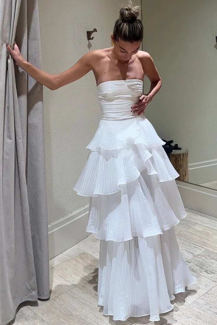 White Strapless Chiffon A-Line Empire Tiered Party Prom Dress
