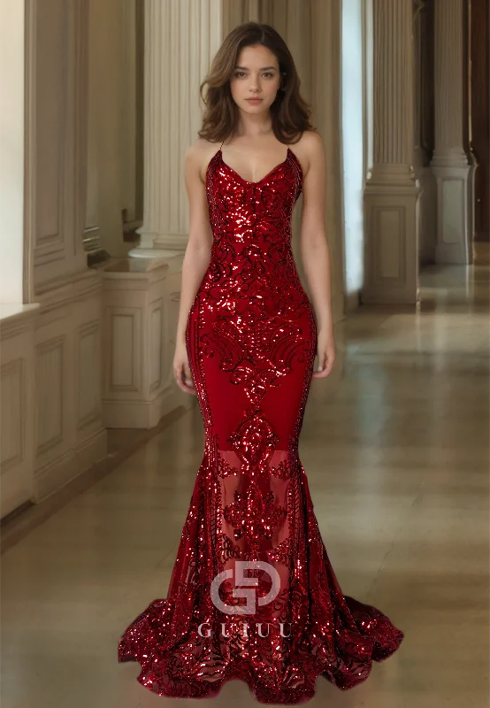 G2758 - Sexy & Sheath Glitter V-Neck Sequins Sheer Straps Long Prom Evening Dress