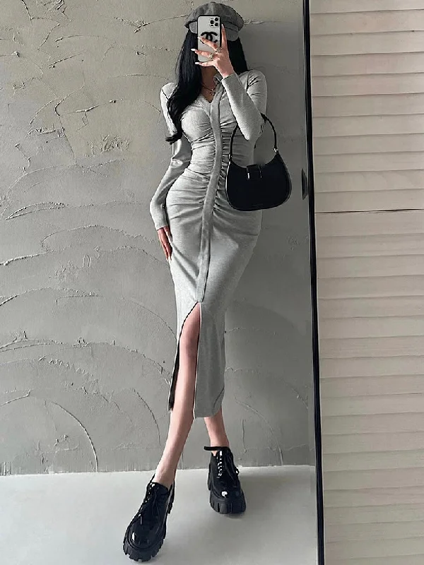Sara Solid Color V-Neck Long Sleeve Front Split Button Up Long Dress