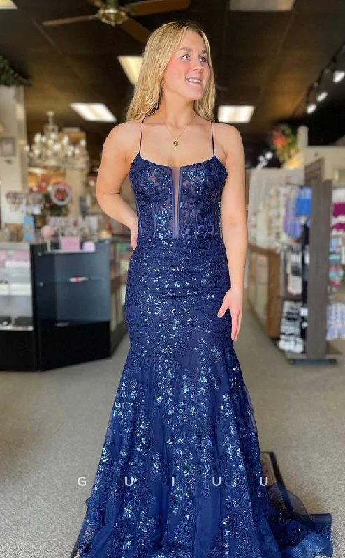 G4489 - Simple & Classic Mermaid Straps Sleeveless Allover Appliques and Sequins Long Prom Evening Dress G4489 - Simple & Classic Mermaid Straps Sleeveless Allover Appliques and Sequins Long Prom Evening Dress