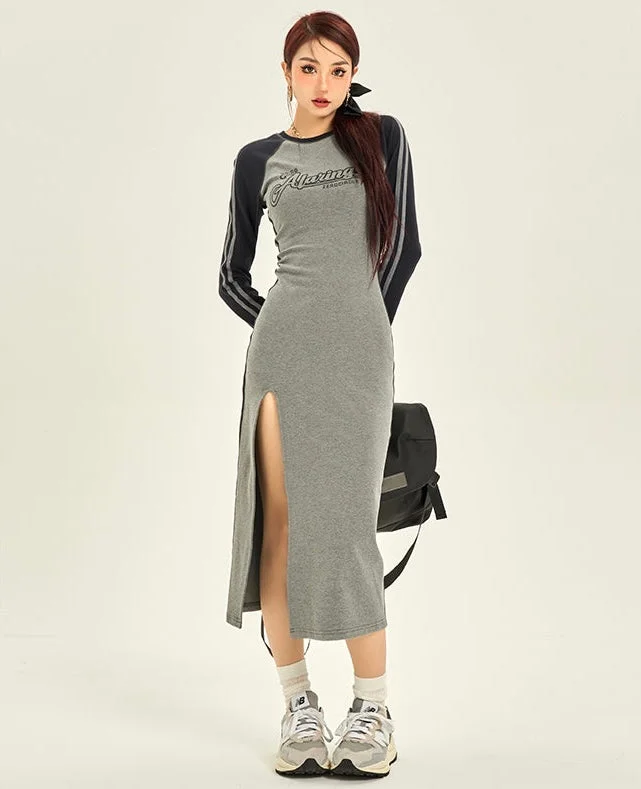Alaring Patchwork Grey Long Side Slit Dress