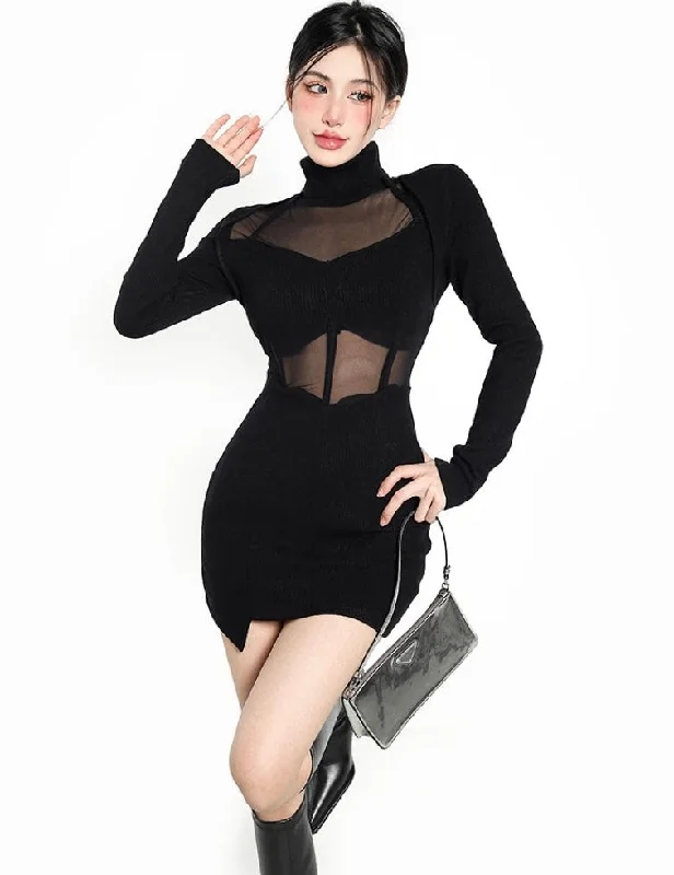 Giselle Solid Color Black Patchwork Mesh Ribbed Long Sleeve Turtleneck Slim Dress