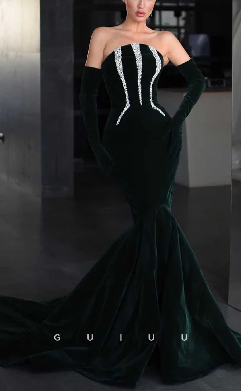 G4109 - Sexy & Hot Mermaid Strapless Beaded and Draped Evening Gown Prom Dress with Long Gloves G4109 - Sexy & Hot Mermaid Strapless Beaded and Draped Evening Gown Prom Dress with Long Gloves