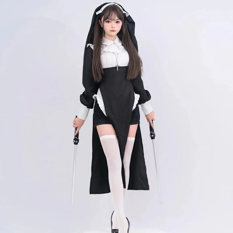 Sultry Nun Costume Habit Nun Halloween Cosplay Outfit Black Adult Fancy Dress Costume Sultry Nun Costume Habit Nun Halloween Cosplay Outfit Black Adult Fancy Dress Costume