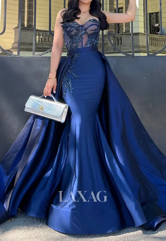 Sweetheart Sleeveless Sequined Satin Evening Gowns Beaded Pleated Mermaid Prom Dress with Overskirt Sweetheart Sleeveless Sequined Satin Evening Gowns Beaded Pleated Mermaid Prom Dress with Overskirt