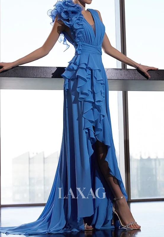 Off-Shoulder Deep V-Neck Sleeveless Mermaid Prom Dress Pleated Tiered Ruffled Chiffon Party Gowns Off-Shoulder Deep V-Neck Sleeveless Mermaid Prom Dress Pleated Tiered Ruffled Chiffon Party Gowns