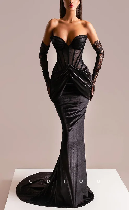 G3874 - Sexy & Hot Sheath V-Neck Corset Strapless Allover Lace Draped Black Party Prom Dress with Long Gloves and Sweep Train G3874 - Sexy & Hot Sheath V-Neck Corset Strapless Allover Lace Draped Black Party Prom Dress with Long Gloves and Sweep Train