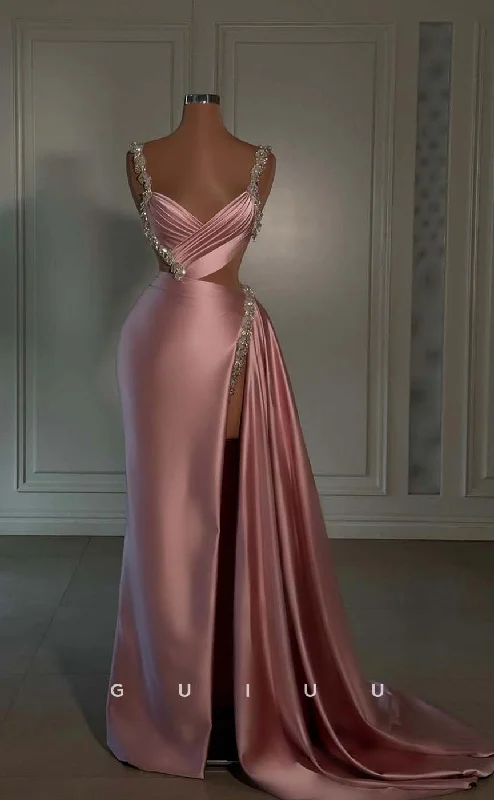 G3283 - Chic & Modern Beaded Straps Pleats Long Party Prom Evening Dresses With Slit G3283 - Chic & Modern Beaded Straps Pleats Long Party Prom Evening Dresses With Slit