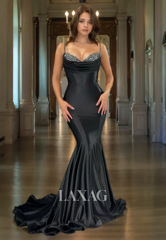 Spaghetti Straps Beaded Sweetheart Sleeveless Pleated Satin Mermaid Prom Dress with Sweep Train Spaghetti Straps Beaded Sweetheart Sleeveless Pleated Satin Mermaid Prom Dress with Sweep Train
