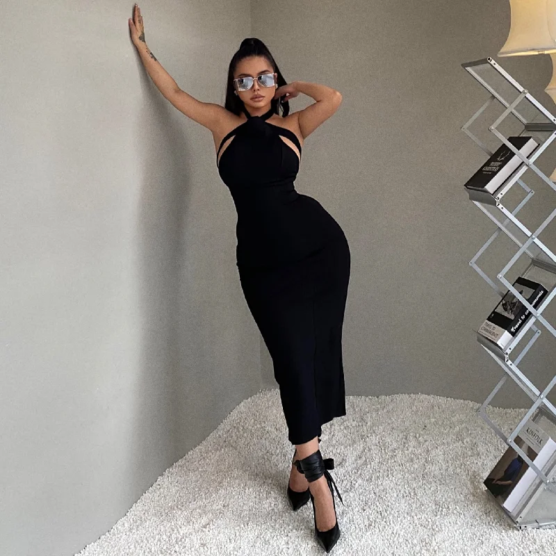 SYNEZ Scarlet Black Slim Long Dress