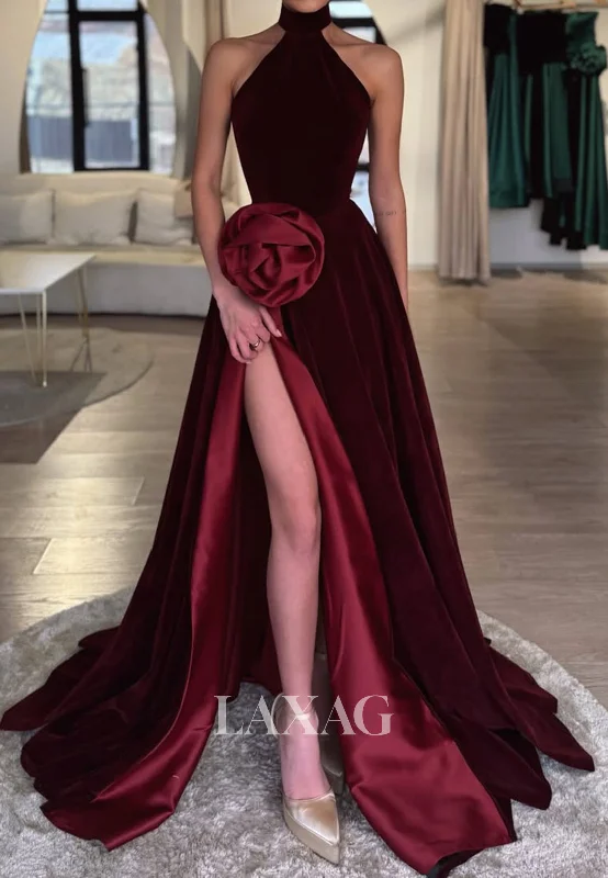 Halter-Neck Off-Shoulder Sleeveless A-Line Prom Dress Floral Embossed Pleated Party Gowns with High Slit