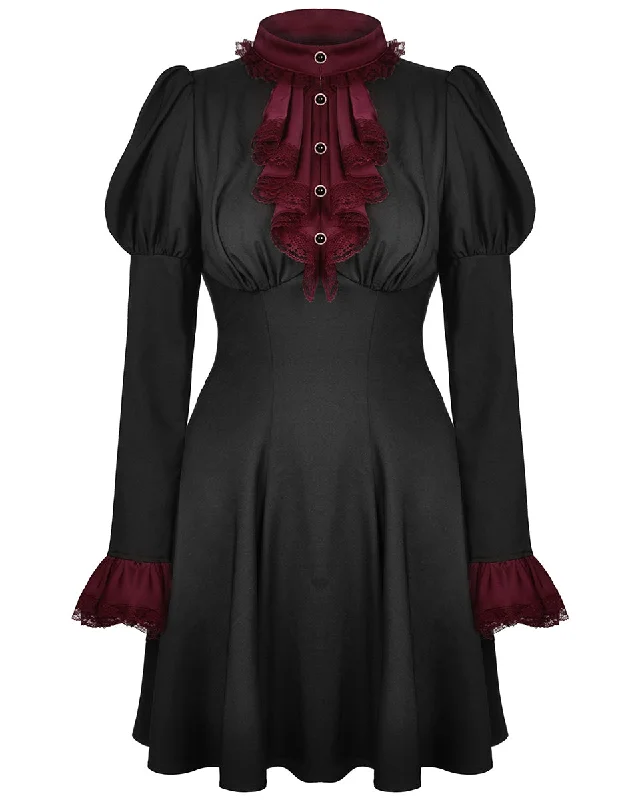 Dark In Love Gothic Lace Frilled Cravat Dress - Black & Red