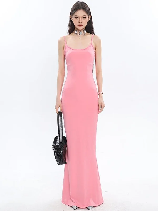 King Solid Color Spaghetti Strap Slim Fishtail Long Dress