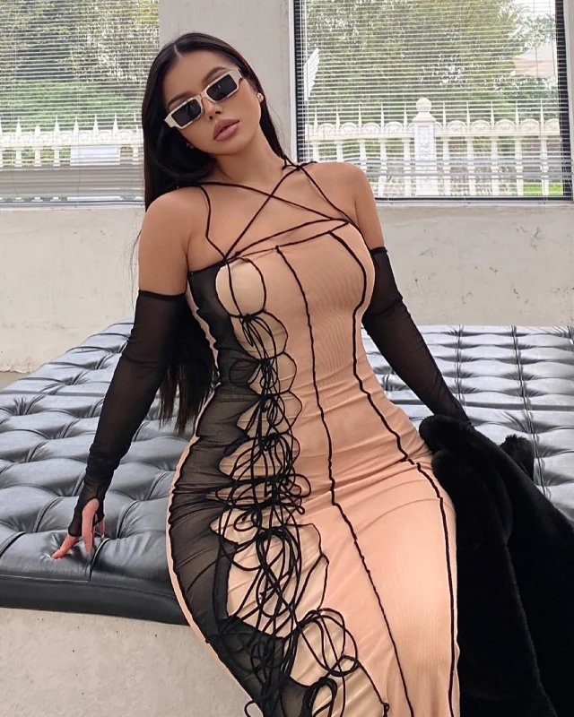 SYNEZ Nude Lace Up Dress
