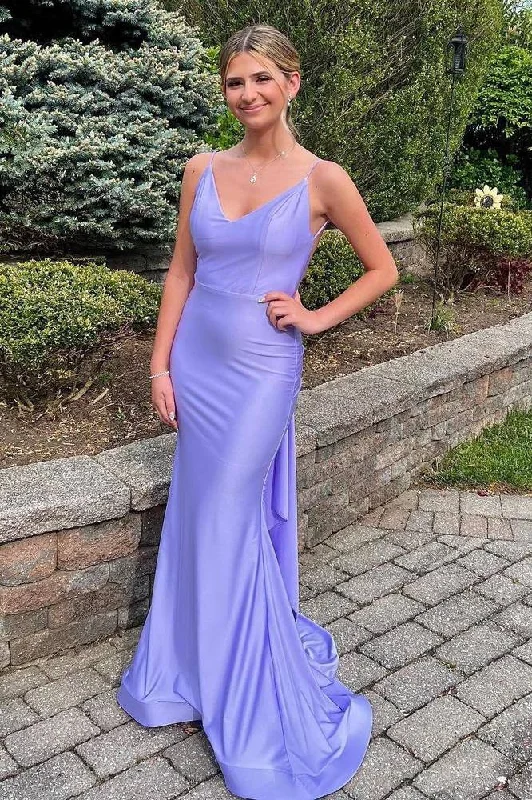 Satin V-Neck Backless Mermaid Party Prom Dress With Train