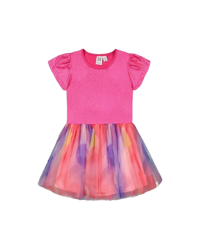 Bi-material Shiny Rib And Mesh Dress Fuchsia With Printed Rainbow Heart