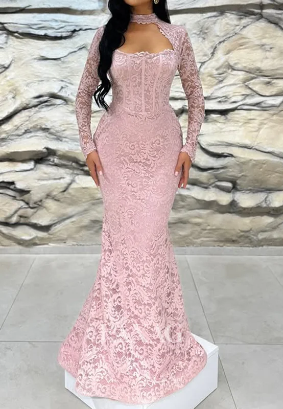 Long Sleeves High-Neck Cutout Pleated Allover Lace Floor-Length Mermaid Formal Prom Dress Long Sleeves High-Neck Cutout Pleated Allover Lace Floor-Length Mermaid Formal Prom Dress