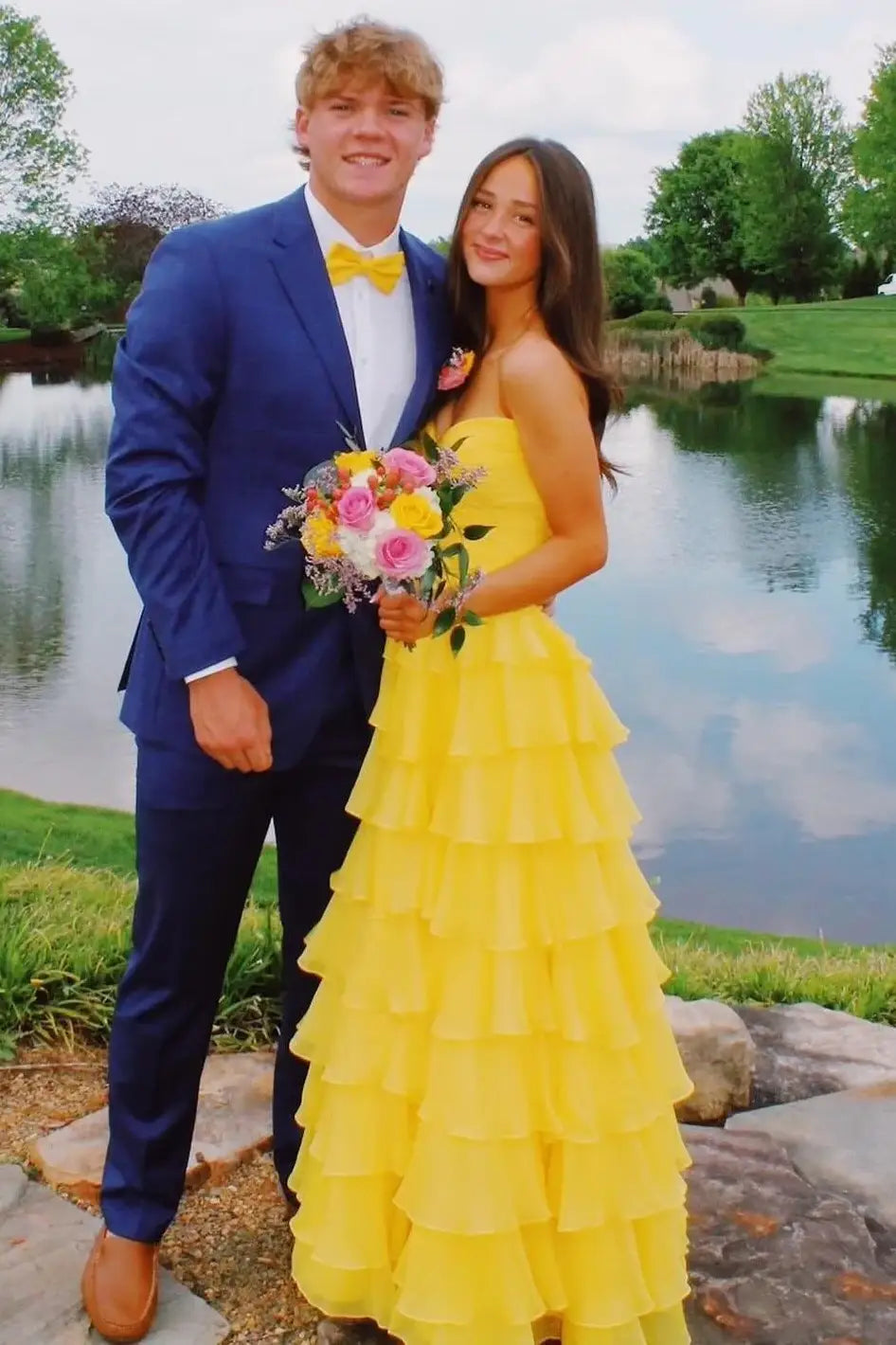 Chic A-Line Strapless Empire Long Tiered Party Prom Dress
