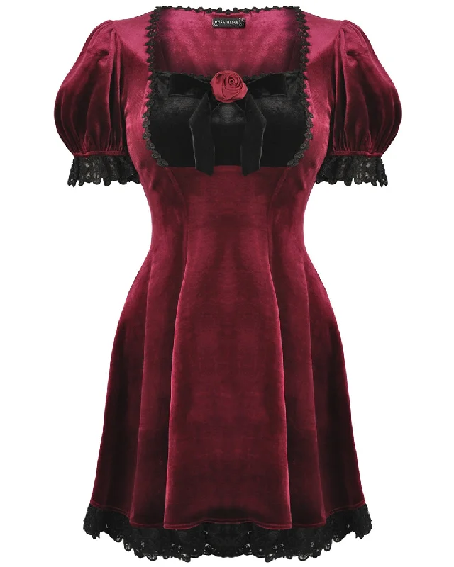 Dark In Love Womens Gothic Lolita Velvet Mini Evening Dress - Wine Red