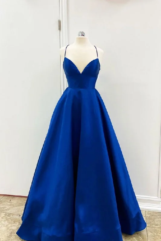 Simple v neck blue satin long prom dress blue evening dress