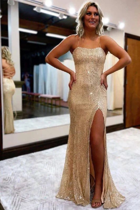 Sequins Spaghetti Straps Mermaid Party Prom Dress With Slit