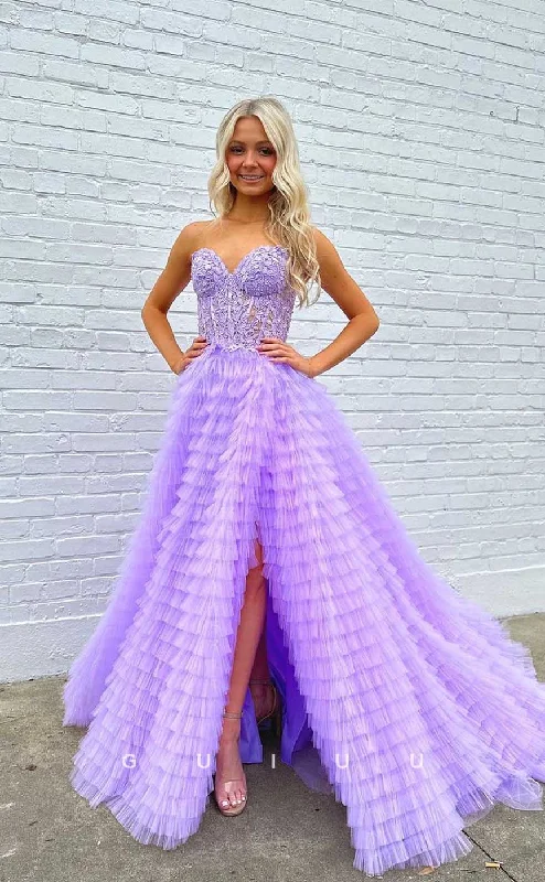 G4449 - Chic & Modern A-Line Tulle Tiered Strapless Pleats Appliques Long Sweep Prom Evening Dress with Slit G4449 - Chic & Modern A-Line Tulle Tiered Strapless Pleats Appliques Long Sweep Prom Evening Dress with Slit