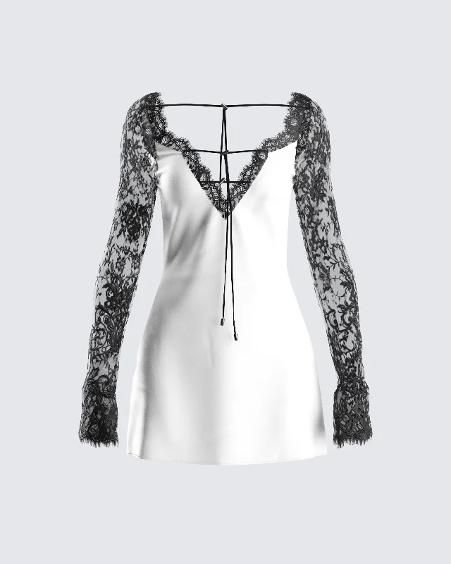 Minnie White Satin Lace Trim Dress