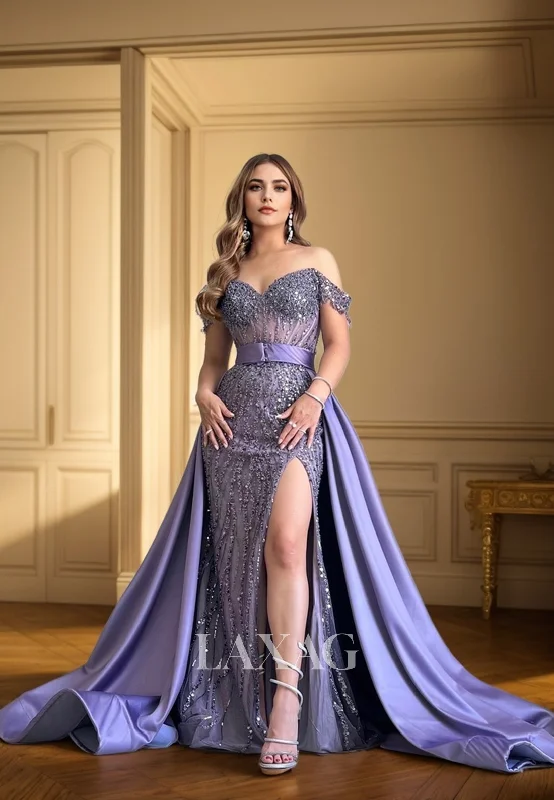22094 - Off Shoulder Beaded illusion Detachable High Split Prom Dress