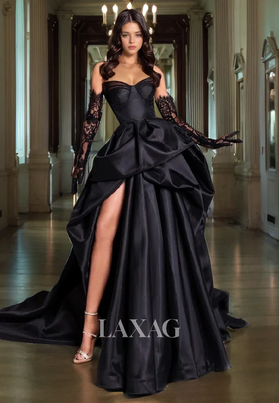 A-Line Strapless Pleated Satin Party Gowns Sweetheart Lace Gloves Prom Dress with High Slit A-Line Strapless Pleated Satin Party Gowns Sweetheart Lace Gloves Prom Dress with High Slit