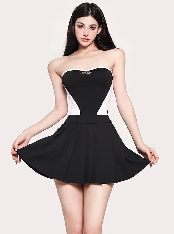 Luna Solid Contrast Color Black & White Sleeveless Bandeau Pleated Dress