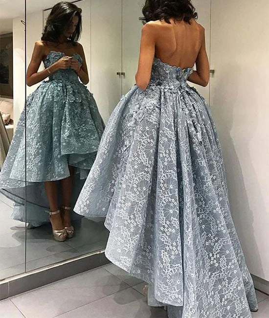 Unique sweetheart lace short prom gown, lace evening dress