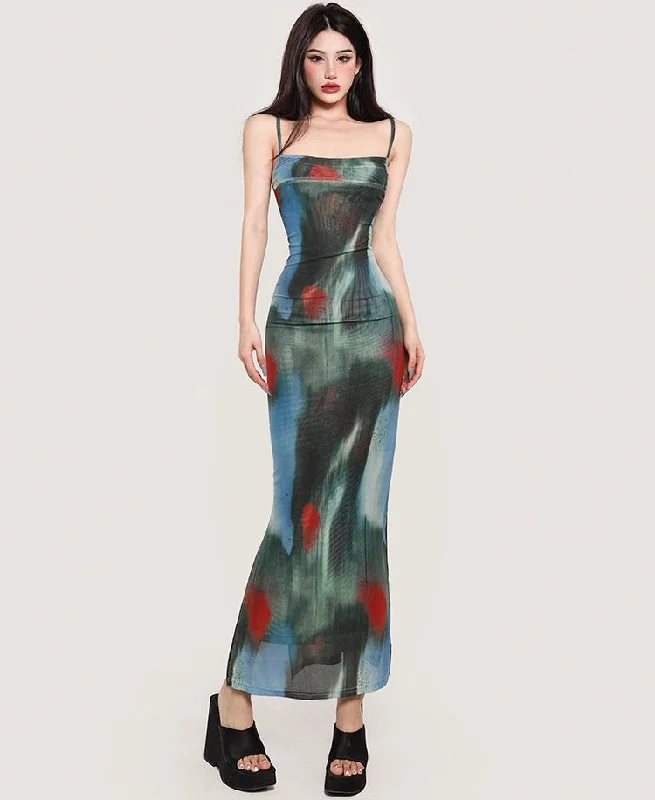 Elice Tie Dye Print Spaghetti Strap Slip Long Dress
