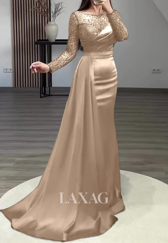 Beaded Sequined Pleated Mermaid Prom Dress Scoop-Neck Long Sleeves Sweep Train Formal Gowns Beaded Sequined Pleated Mermaid Prom Dress Scoop-Neck Long Sleeves Sweep Train Formal Gowns