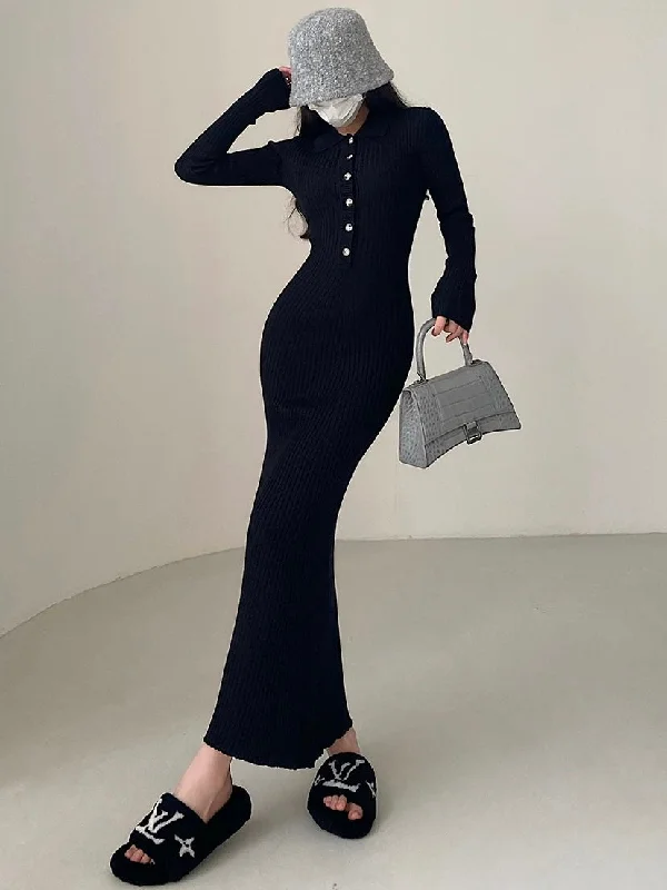 Saniya Ribbed Solid Color Slim Ribbed Long Dress