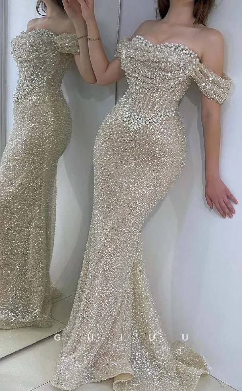 G3275 - Chic & Modern Beaded Off-Shoulder Pleats Champagne Party Prom Evening Dresses G3275 - Chic & Modern Beaded Off-Shoulder Pleats Champagne Party Prom Evening Dresses