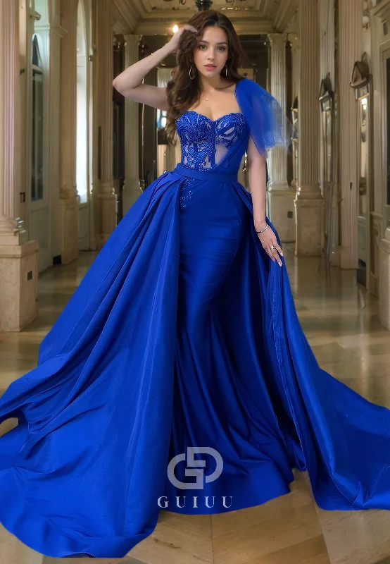G3299 - A-Line Beaded One Shoulder Satin Blue Long Party Prom Evening Dresses