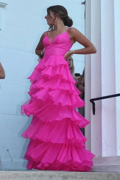 V-Neck Spaghetti Straps A-Line Tiered Long Party Prom Dress