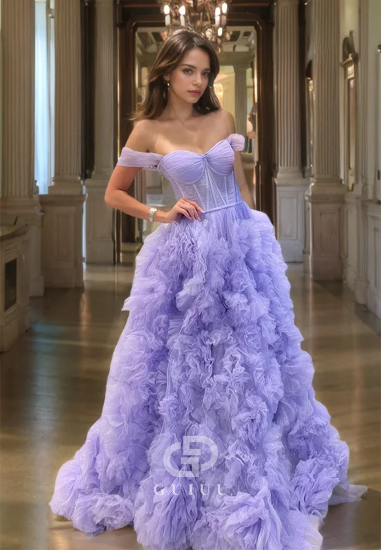 G2780 - Chic & Modern Off-Shoulder Glitter Tulle Ball Gown Long Prom Evening Dress